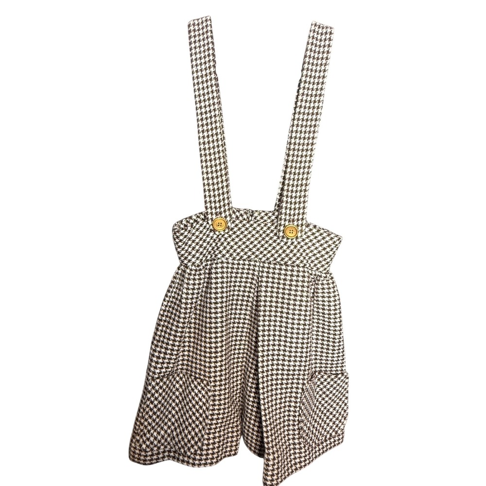 60s Brown Houndstooth Jumper Dress Pinafore Skirt Pockets Gold Buttons XS
